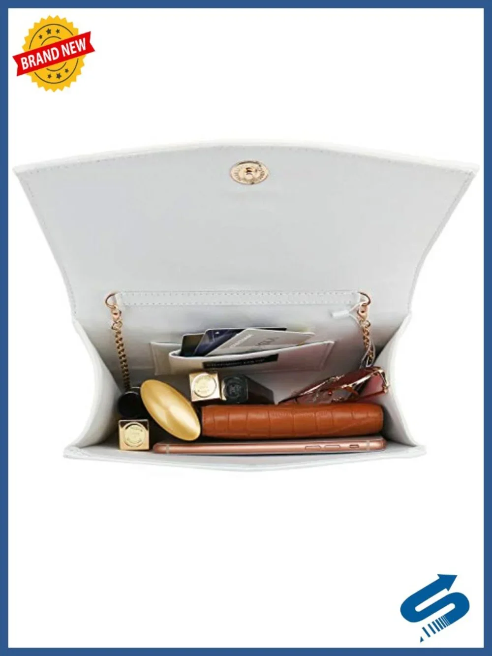 Patent Vegan Leather Flap Clutch Evening Bag with Detachable Chain Strap